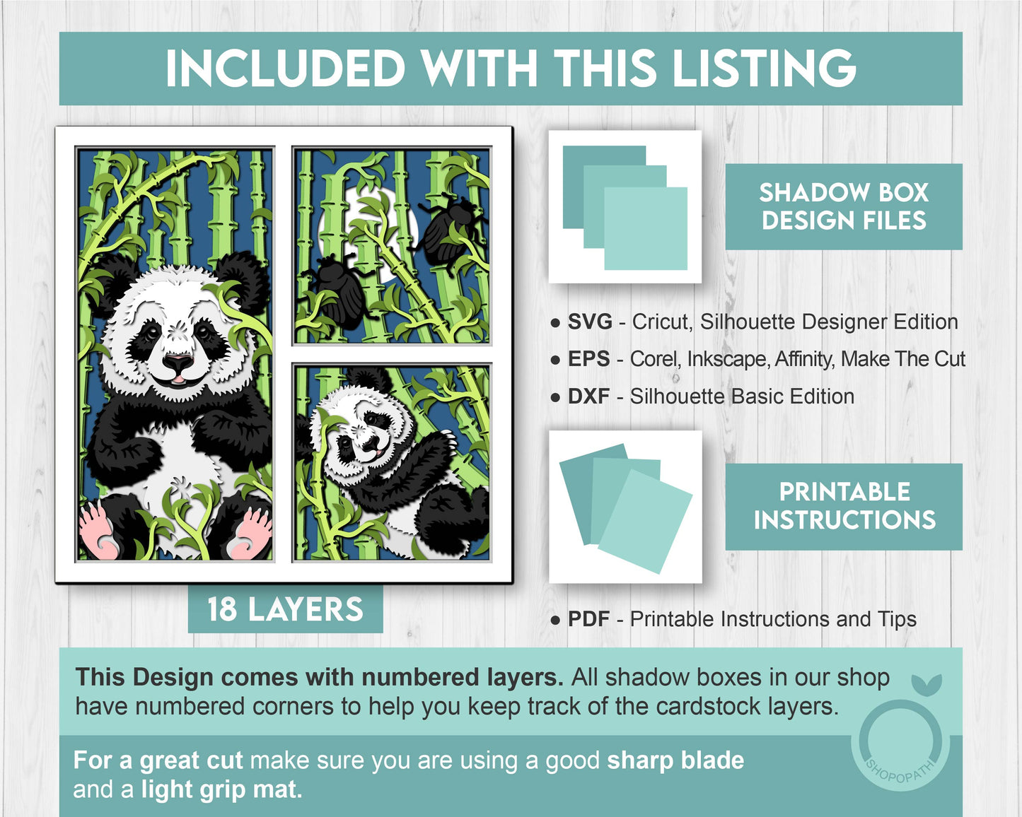 Panda Bears with Bamboo Panels - 3D Shadow Box Layered SVG DXF EPS (Cutting Files)