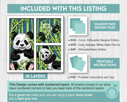 Panda Bears with Bamboo Panels - 3D Shadow Box Layered SVG DXF EPS (Cutting Files)