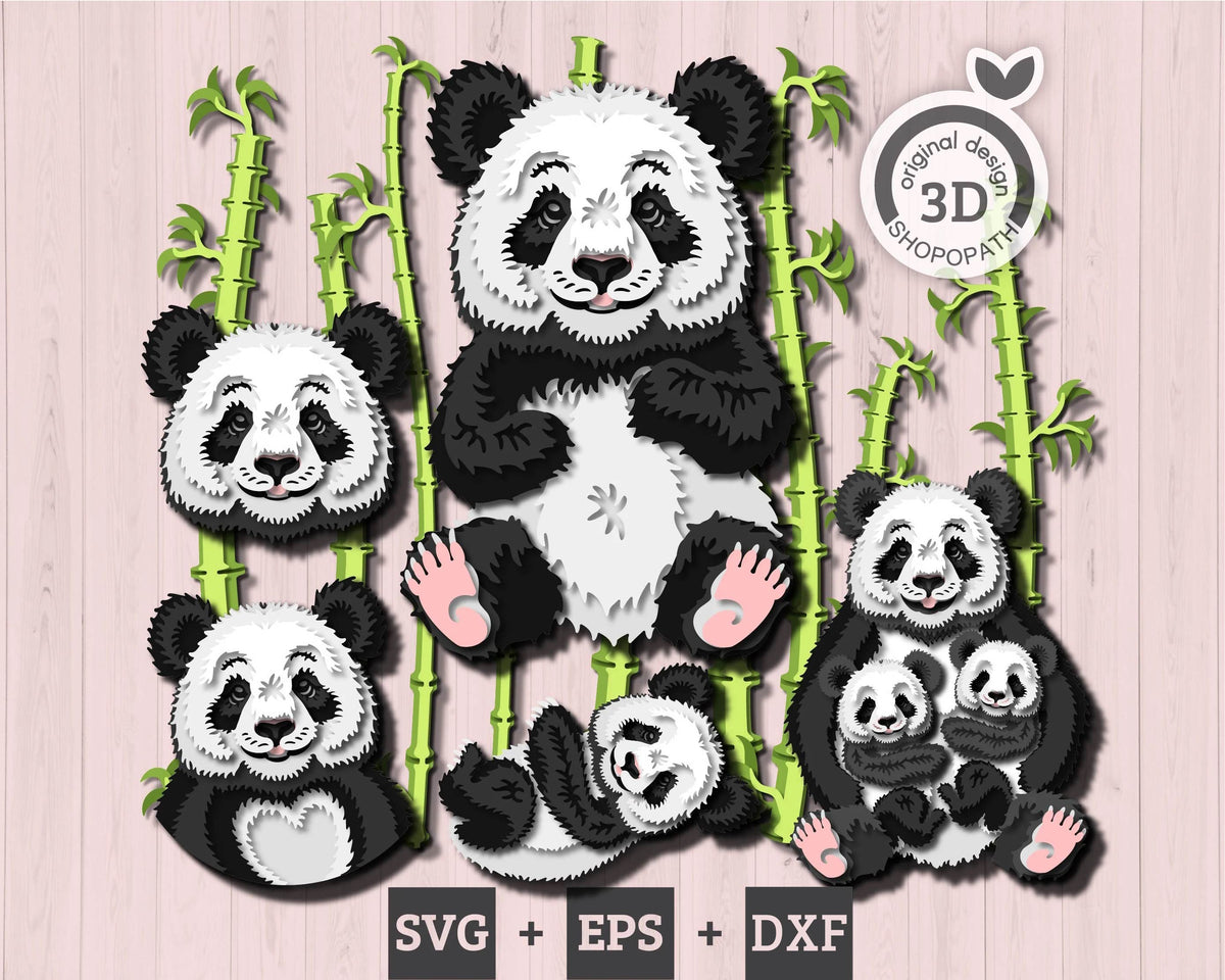 Panda Bears with Bamboo - 3D Elements Layered SVG DXF EPS for Laser Cut, Glowforge, Cricut (Cutting Files)