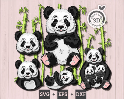 Panda Bears with Bamboo - 3D Elements Layered SVG DXF EPS for Laser Cut, Glowforge, Cricut (Cutting Files)