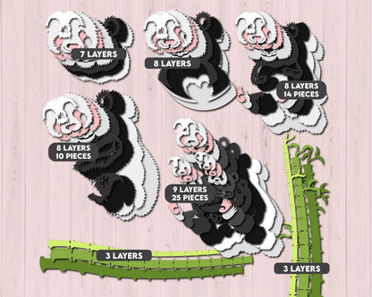 Panda Bears with Bamboo - 3D Elements Layered SVG DXF EPS for Laser Cut, Glowforge, Cricut (Cutting Files)