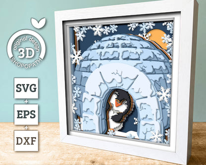 3D SVG Penguin Inside Ice House Shadow Box, 3D SVG Winter, 3D Svg Penguin, Snowflakes 3d SVG, Christmas 3d svg, Ice 3d svg Cricut Silhouette