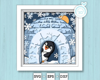 3D SVG Penguin Inside Ice House Shadow Box, 3D SVG Winter, 3D Svg Penguin, Snowflakes 3d SVG, Christmas 3d svg, Ice 3d svg Cricut Silhouette