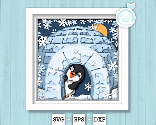 3D SVG Penguin Inside Ice House Shadow Box, 3D SVG Winter, 3D Svg Penguin, Snowflakes 3d SVG, Christmas 3d svg, Ice 3d svg Cricut Silhouette