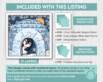 3D SVG Penguin Inside Ice House Shadow Box, 3D SVG Winter, 3D Svg Penguin, Snowflakes 3d SVG, Christmas 3d svg, Ice 3d svg Cricut Silhouette