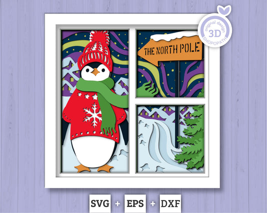 3D SVG Winter Shadow Box, Layered Winter Svg, Penguin Shadow Box, North Pole 3D Svg, Northern Lights Snow Woods 3d Svg, Cricut Silhouette