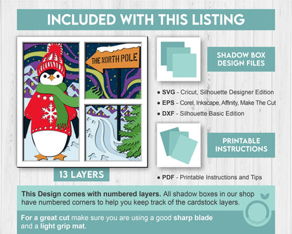 3D SVG Winter Shadow Box, Layered Winter Svg, Penguin Shadow Box, North Pole 3D Svg, Northern Lights Snow Woods 3d Svg, Cricut Silhouette