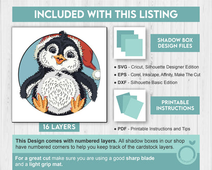 3D SVG Penguin With Santa Hat Shadow Box, 3D SVG Winter, 3D Svg Penguin, North Pole 3d SVG, Christmas 3d svg, Santa 3d svg Cricut Silhouette