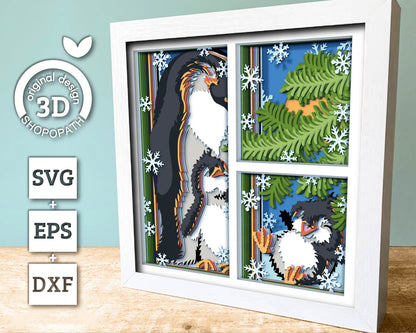3D SVG Penguin Family Shadow Box, 3D SVG Winter, 3D Svg Mother Penguin, Baby Penguin 3D SVG Christmas 3d svg Winter 3d svg Cricut Silhouette