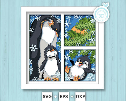 3D SVG Penguin Family Shadow Box, 3D SVG Winter, 3D Svg Mother Penguin, Baby Penguin 3D SVG Christmas 3d svg Winter 3d svg Cricut Silhouette