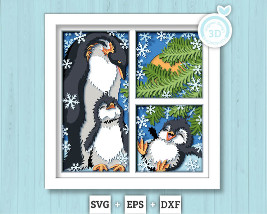 3D SVG Penguin Family Shadow Box, 3D SVG Winter, 3D Svg Mother Penguin, Baby Penguin 3D SVG Christmas 3d svg Winter 3d svg Cricut Silhouette