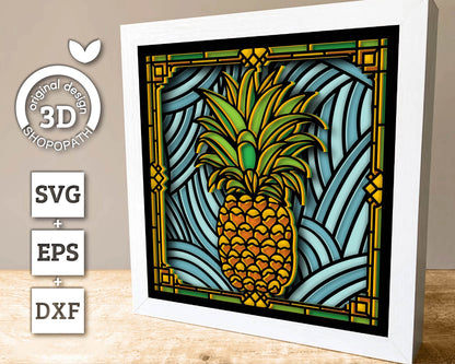 3D SVG Stained Glass Pineapple Shadow Box, 3D Tropical SVG, Stained Glass Papercut 3d Svg Home Decor SVG, Shadow Box svg Cricut Silhouette