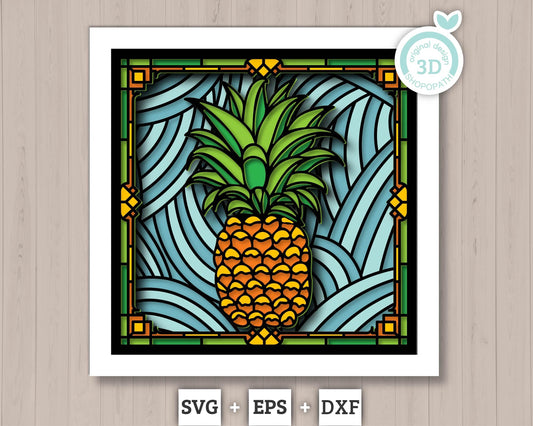 3D SVG Stained Glass Pineapple Shadow Box, 3D Tropical SVG, Stained Glass Papercut 3d Svg Home Decor SVG, Shadow Box svg Cricut Silhouette