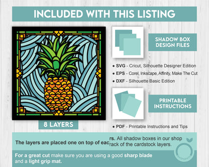 3D SVG Stained Glass Pineapple Shadow Box, 3D Tropical SVG, Stained Glass Papercut 3d Svg Home Decor SVG, Shadow Box svg Cricut Silhouette