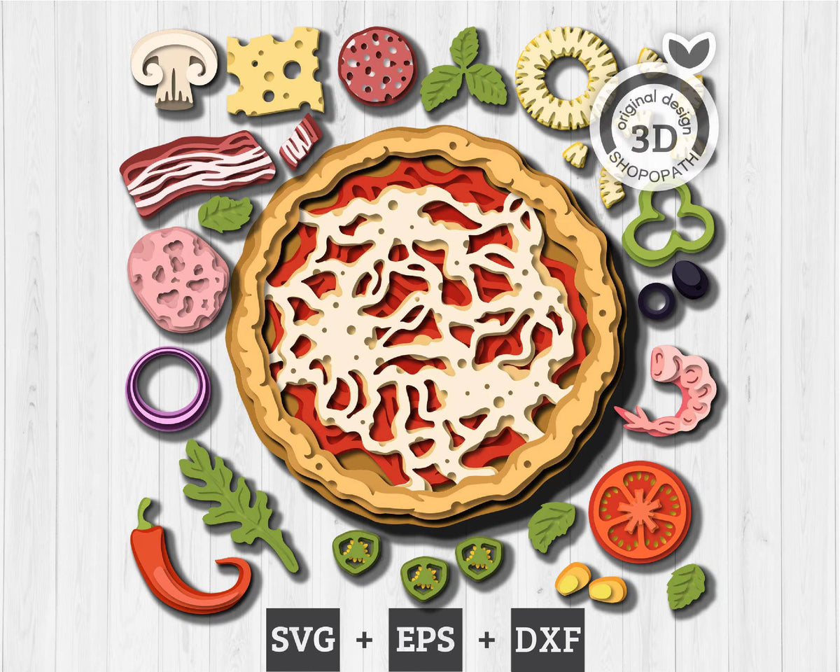 Pizza with Toppings - 3D Element Layered SVG DXF EPS for Laser Cut, Glowforge, Cricut (Cutting Files)