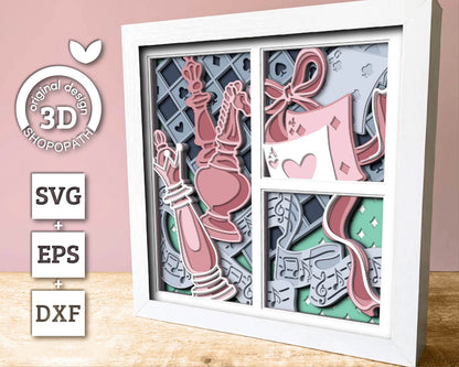Chess Board with Playing Cards and Musical Notes - 3D Shadow Box Layered SVG DXF EPS (Cutting Files)