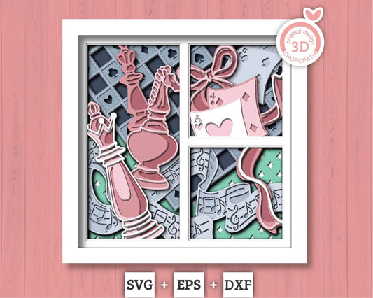 Chess Board with Playing Cards and Musical Notes - 3D Shadow Box Layered SVG DXF EPS (Cutting Files)