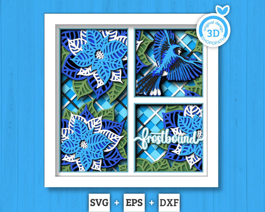 3D SVG Bluejay Bird Shadow Box, Christmas Shadow Box, Layered Poinsettia Svg, Santa Claus Shadow Box, Winter 3d Svg, Cricut Silhouette