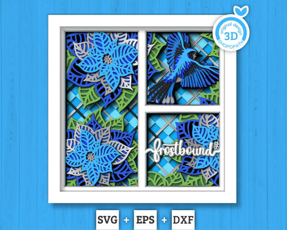 3D SVG Bluejay Bird Shadow Box, Christmas Shadow Box, Layered Poinsettia Svg, Santa Claus Shadow Box, Winter 3d Svg, Cricut Silhouette