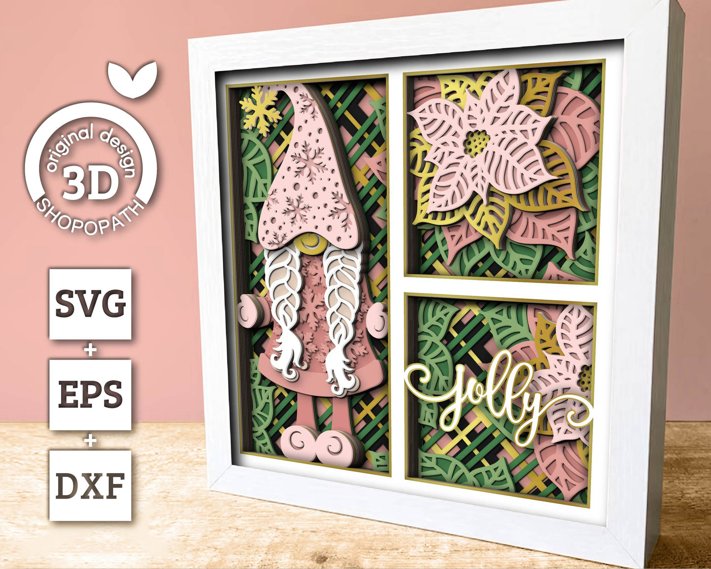 3D SVG Pink Poinsettia Shadow Box, Christmas Gnome Shadow Box, Layered Poinsettia Svg, Santa Claus, Winter 3d Svg, Cricut Silhouette