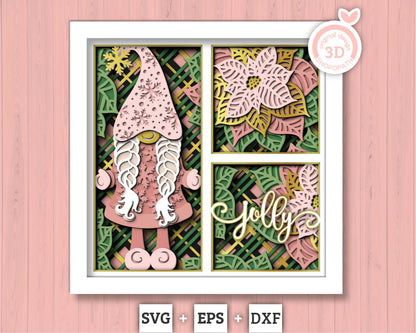 3D SVG Pink Poinsettia Shadow Box, Christmas Gnome Shadow Box, Layered Poinsettia Svg, Santa Claus, Winter 3d Svg, Cricut Silhouette