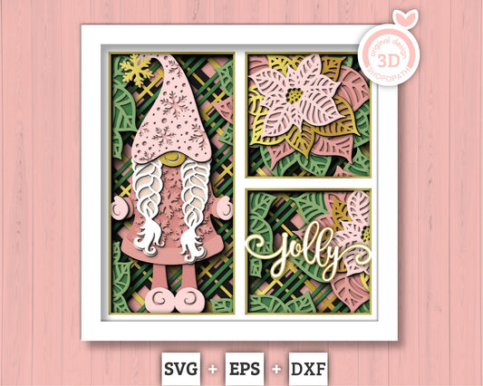 3D SVG Pink Poinsettia Shadow Box, Christmas Gnome Shadow Box, Layered Poinsettia Svg, Santa Claus, Winter 3d Svg, Cricut Silhouette