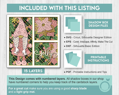 3D SVG Pink Poinsettia Shadow Box, Christmas Gnome Shadow Box, Layered Poinsettia Svg, Santa Claus, Winter 3d Svg, Cricut Silhouette