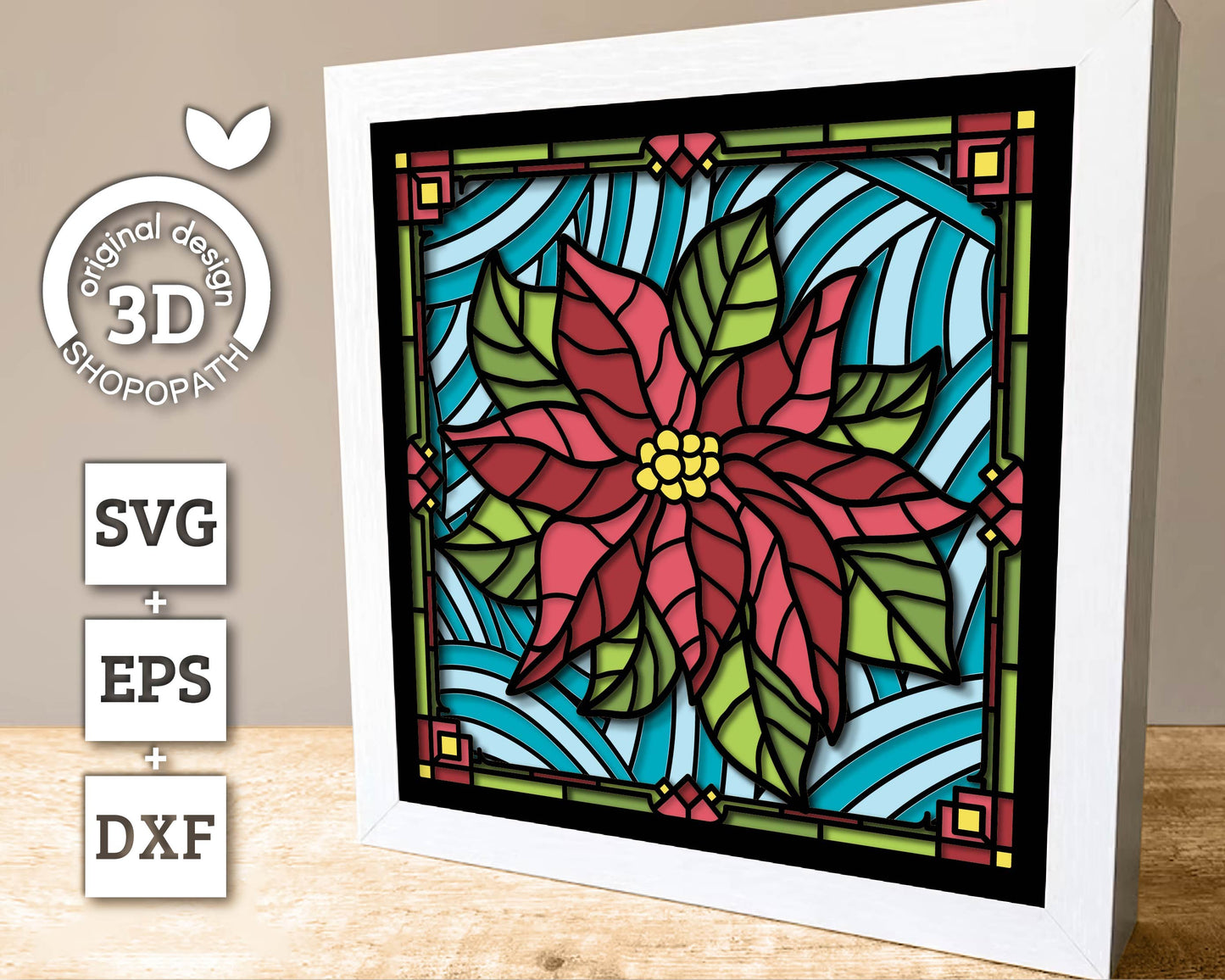 3D SVG Stained Glass Poinsettia Flower Shadow Box, 3D Flowers svg, 3D Stained Glass Papercut, Poinsettia Shadow Box svg, Cricut Silhouette