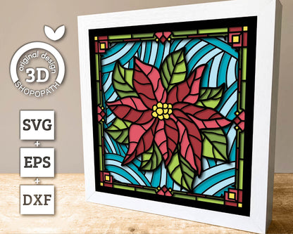 3D SVG Stained Glass Poinsettia Flower Shadow Box, 3D Flowers svg, 3D Stained Glass Papercut, Poinsettia Shadow Box svg, Cricut Silhouette