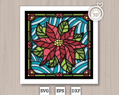3D SVG Stained Glass Poinsettia Flower Shadow Box, 3D Flowers svg, 3D Stained Glass Papercut, Poinsettia Shadow Box svg, Cricut Silhouette