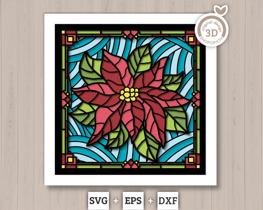 3D SVG Stained Glass Poinsettia Flower Shadow Box, 3D Flowers svg, 3D Stained Glass Papercut, Poinsettia Shadow Box svg, Cricut Silhouette