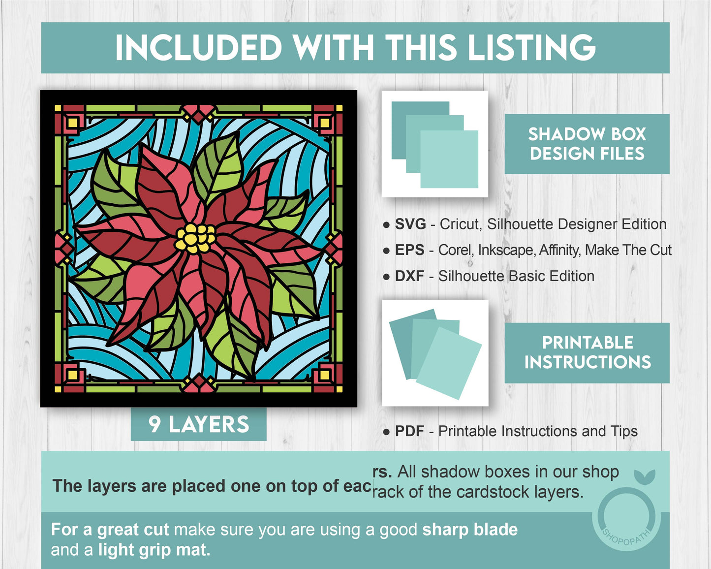 3D SVG Stained Glass Poinsettia Flower Shadow Box, 3D Flowers svg, 3D Stained Glass Papercut, Poinsettia Shadow Box svg, Cricut Silhouette