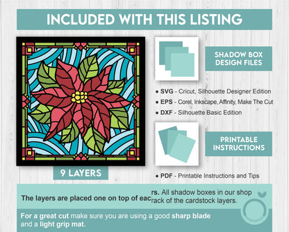 3D SVG Stained Glass Poinsettia Flower Shadow Box, 3D Flowers svg, 3D Stained Glass Papercut, Poinsettia Shadow Box svg, Cricut Silhouette
