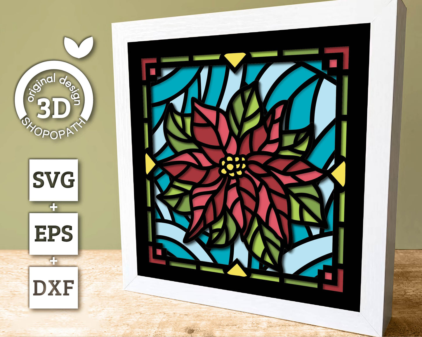 3D SVG Poinsettia Mini Stained Glass Shadow Box, Poinsettia 3d svg, 3D Flowers svg, 3D SVG Stained Glass, Shadow Box svg, Cricut Silhouette