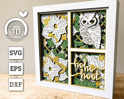 3D SVG Christmas Owl Shadow Box, Christmas Shadow Box, Layered Poinsettia Svg, Santa Claus Shadow Box, Winter 3d Svg, Hoot Cricut Silhouette