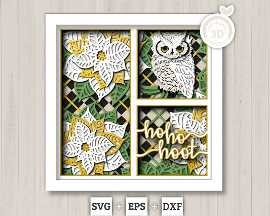 3D SVG Christmas Owl Shadow Box, Christmas Shadow Box, Layered Poinsettia Svg, Santa Claus Shadow Box, Winter 3d Svg, Hoot Cricut Silhouette
