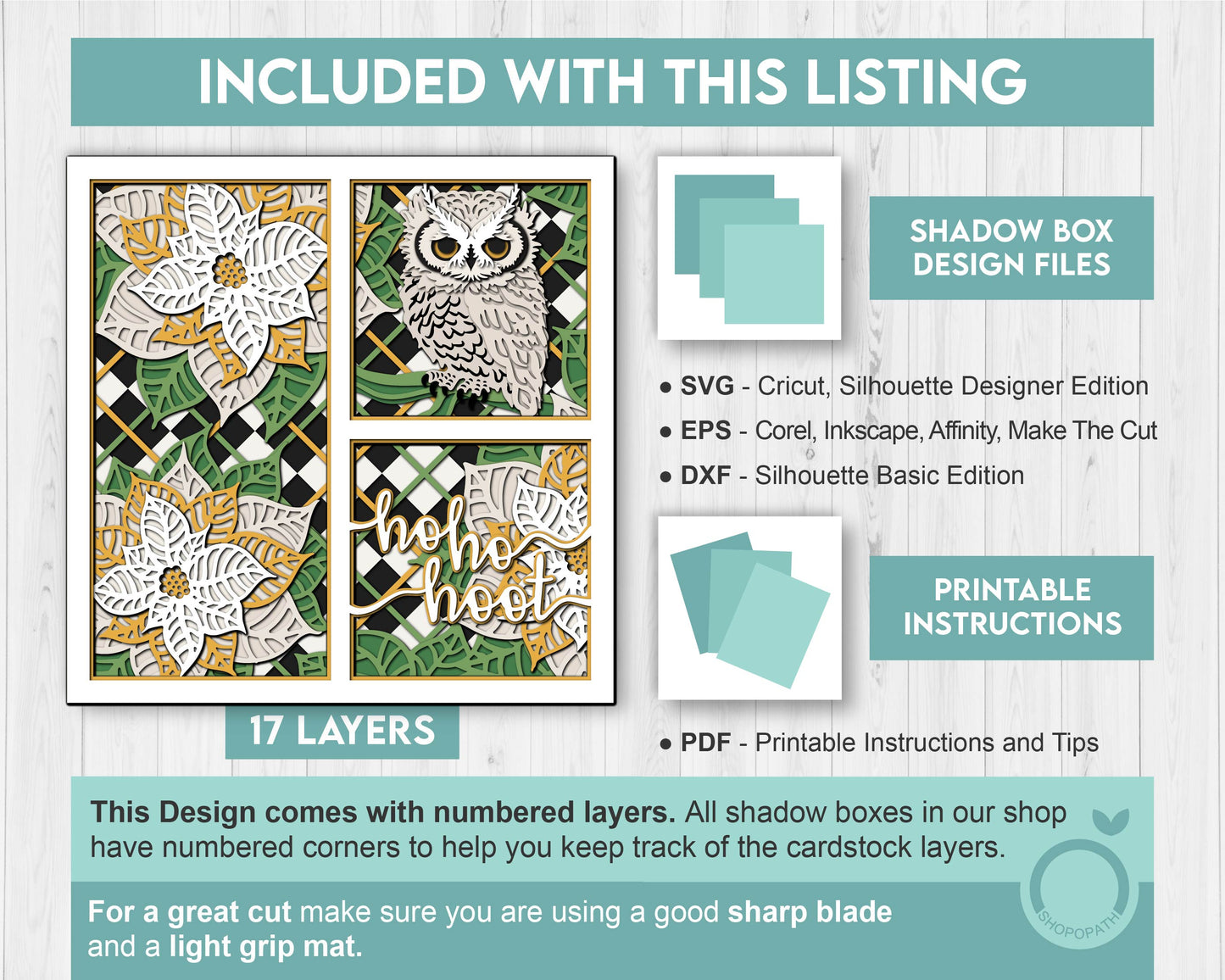 3D SVG Christmas Owl Shadow Box, Christmas Shadow Box, Layered Poinsettia Svg, Santa Claus Shadow Box, Winter 3d Svg, Hoot Cricut Silhouette