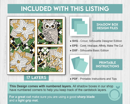 3D SVG Christmas Owl Shadow Box, Christmas Shadow Box, Layered Poinsettia Svg, Santa Claus Shadow Box, Winter 3d Svg, Hoot Cricut Silhouette