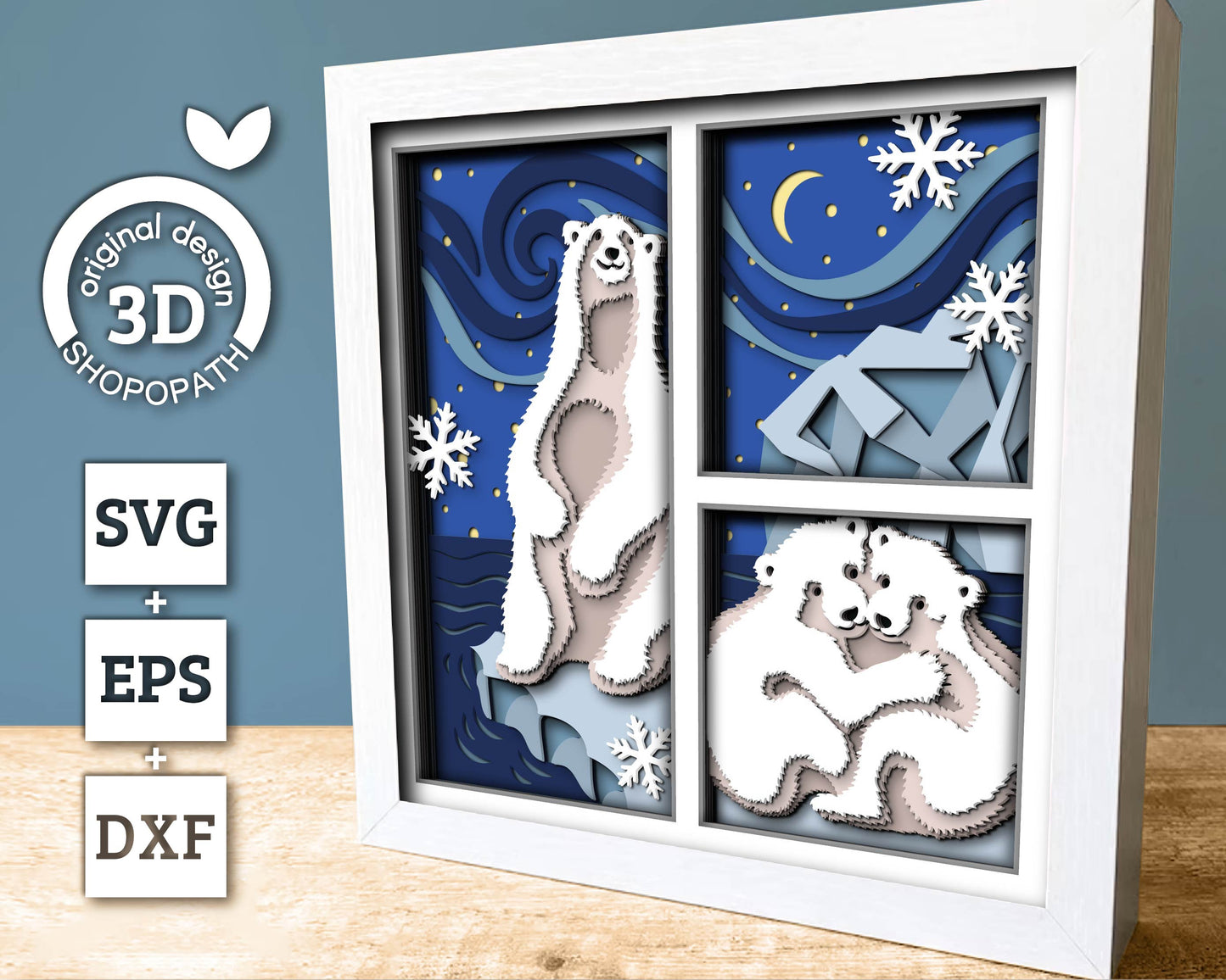 3D SVG Polar Bear Shadow Box Winter Layered Svg, North Pole 3D Svg, Christmas Shadow Box, Northern Lights Snow Ice 3d Svg, Cricut Silhouette
