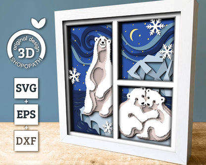 3D SVG Polar Bear Shadow Box Winter Layered Svg, North Pole 3D Svg, Christmas Shadow Box, Northern Lights Snow Ice 3d Svg, Cricut Silhouette