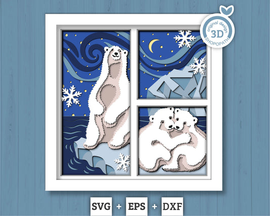 3D SVG Polar Bear Shadow Box Winter Layered Svg, North Pole 3D Svg, Christmas Shadow Box, Northern Lights Snow Ice 3d Svg, Cricut Silhouette