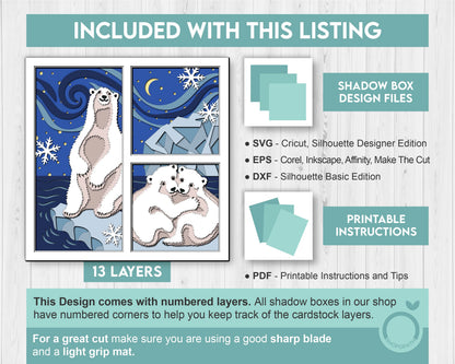 3D SVG Polar Bear Shadow Box Winter Layered Svg, North Pole 3D Svg, Christmas Shadow Box, Northern Lights Snow Ice 3d Svg, Cricut Silhouette