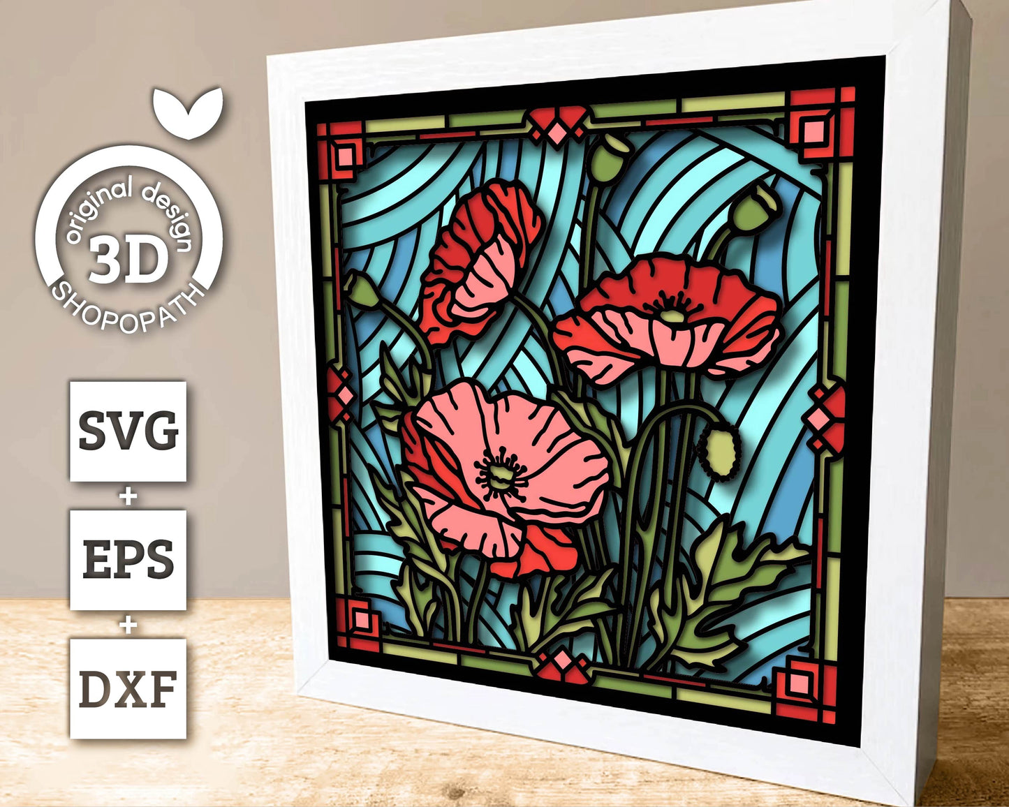 3D SVG Stained Glass Poppy Flowers Shadow Box, 3D Flowers svg, 3D SVG Floral Stained Glass, Layered Poppies Shadow Box svg Cricut Silhouette