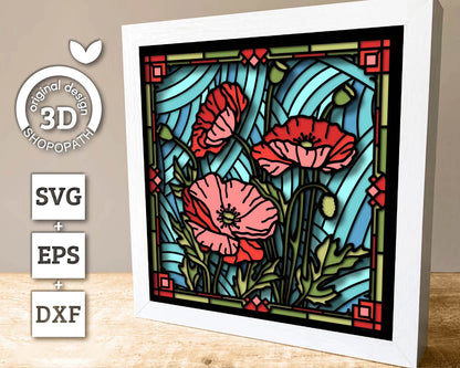 3D SVG Stained Glass Poppy Flowers Shadow Box, 3D Flowers svg, 3D SVG Floral Stained Glass, Layered Poppies Shadow Box svg Cricut Silhouette