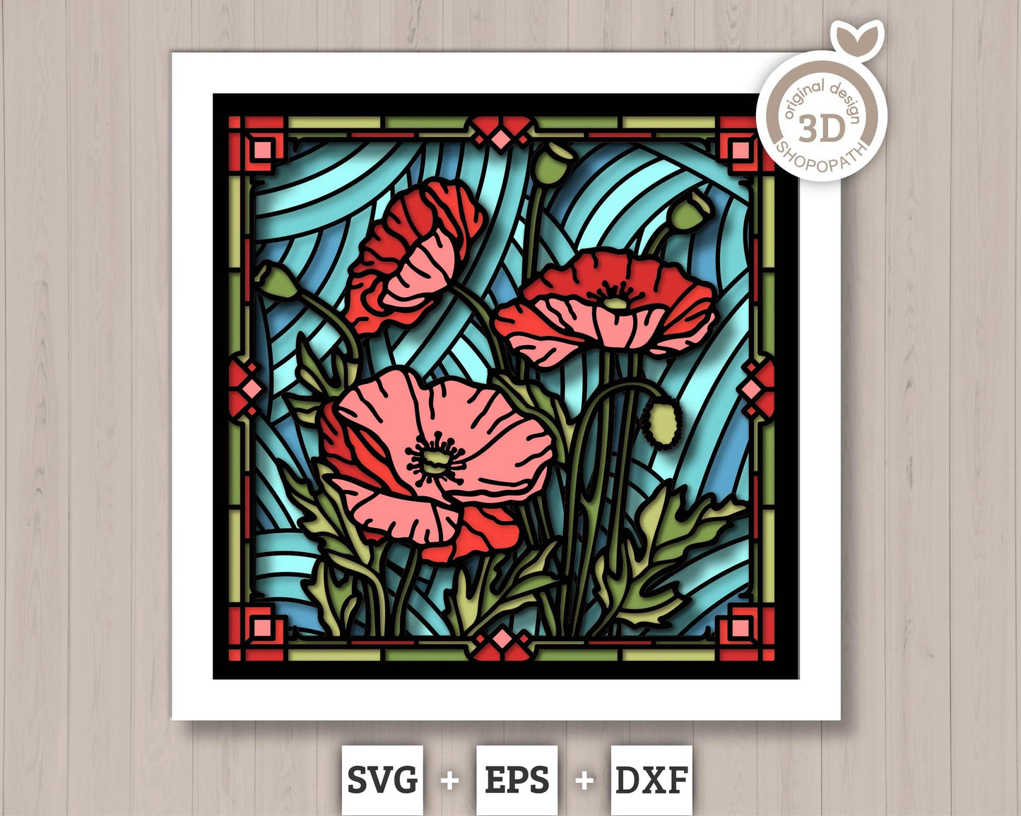 3D SVG Stained Glass Poppy Flowers Shadow Box, 3D Flowers svg, 3D SVG Floral Stained Glass, Layered Poppies Shadow Box svg Cricut Silhouette