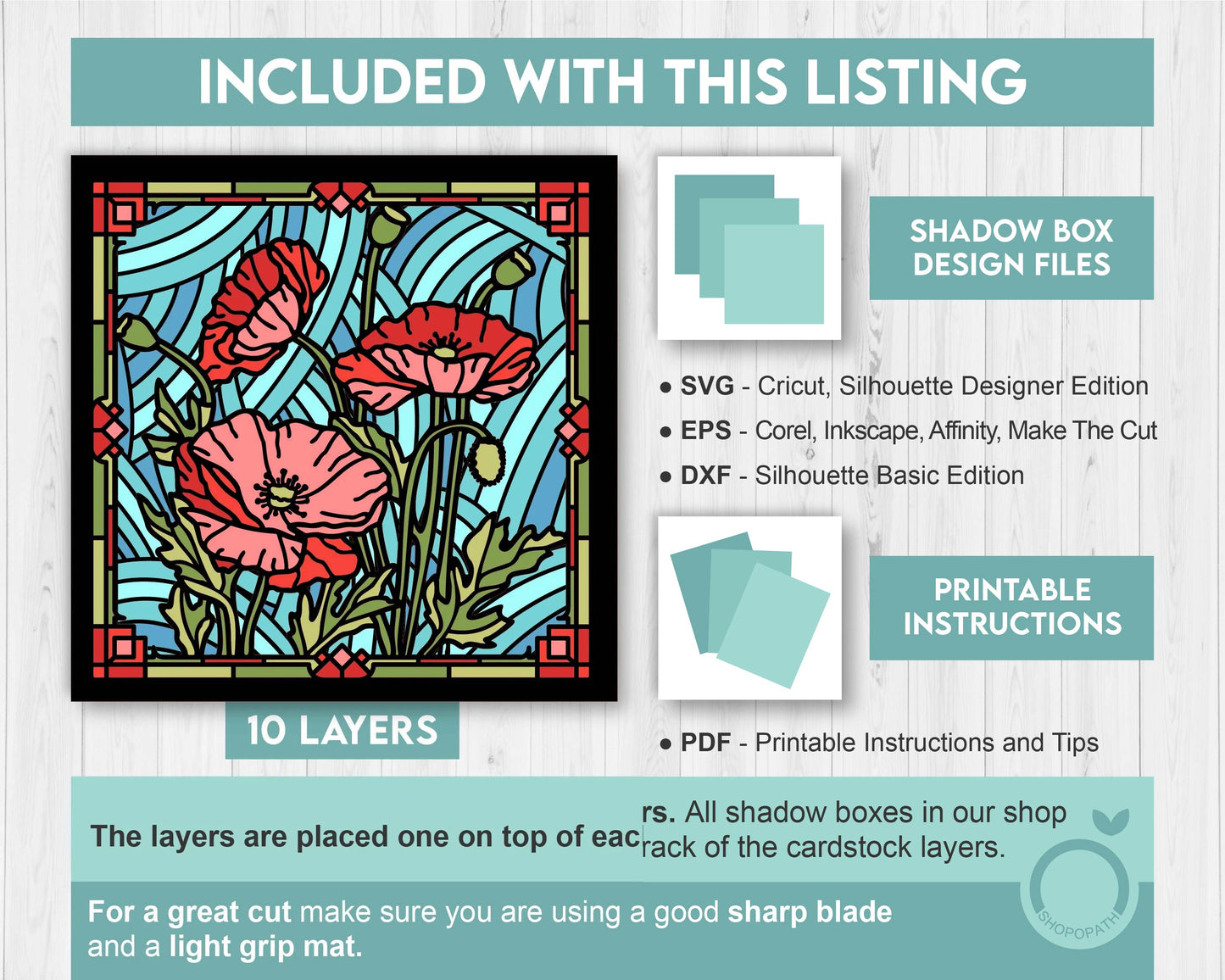 3D SVG Stained Glass Poppy Flowers Shadow Box, 3D Flowers svg, 3D SVG Floral Stained Glass, Layered Poppies Shadow Box svg Cricut Silhouette