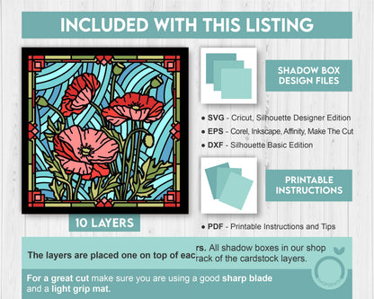 3D SVG Stained Glass Poppy Flowers Shadow Box, 3D Flowers svg, 3D SVG Floral Stained Glass, Layered Poppies Shadow Box svg Cricut Silhouette