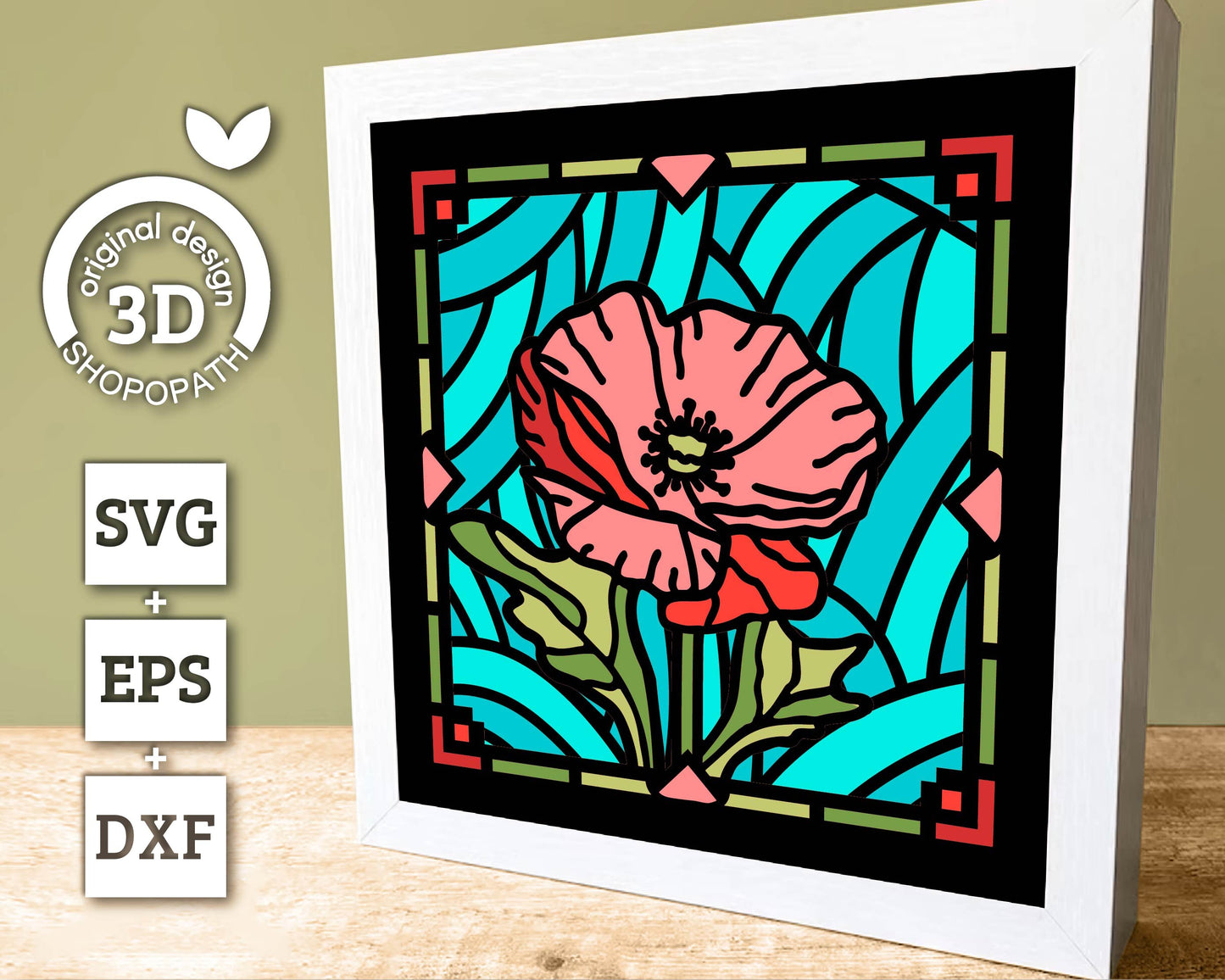 3D SVG Poppies Mini Stained Glass Shadow Box, Poppies 3D svg, 3D Flowers svg, 3D SVG Stained Glass, Shadow Box svg, Cricut Silhouette