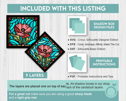 3D SVG Poppies Mini Stained Glass Shadow Box, Poppies 3D svg, 3D Flowers svg, 3D SVG Stained Glass, Shadow Box svg, Cricut Silhouette