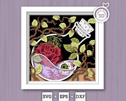 3D SVG Potion Bottle With Rose Shadow Box, Halloween Shadow Box 3D Svg, Potion Bottle 3D SVG, Rose 3d SVG, Eyeball 3D Svg Cricut Silhouette